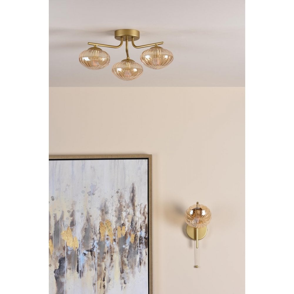 EDE5335 Ede 3 Light Semi-Flush Satin Gold and Amber Glass