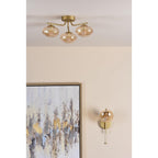 EDE5335 Ede 3 Light Semi-Flush Satin Gold and Amber Glass