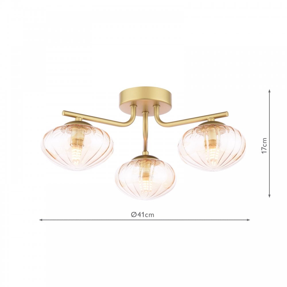 EDE5335 Ede 3 Light Semi-Flush Satin Gold and Amber Glass