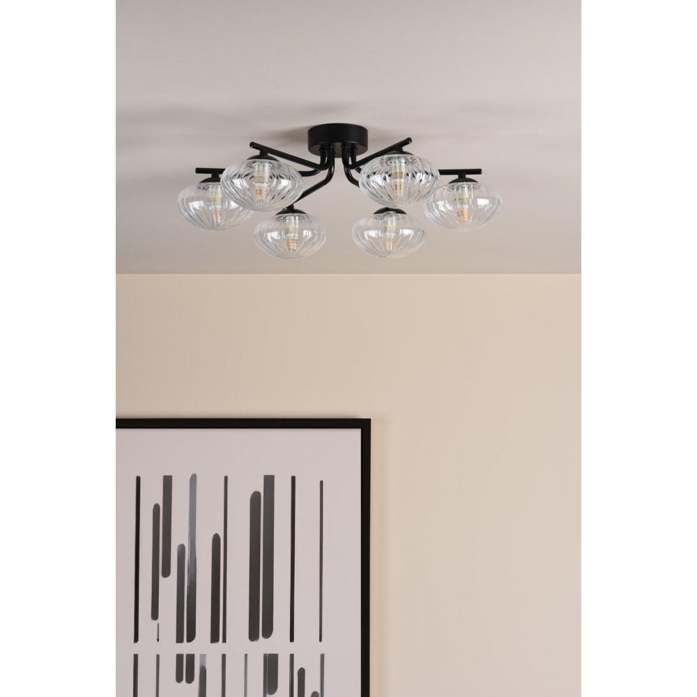 EDE6422 Ede 6 Light Semi-Flush Matt Black and Glass