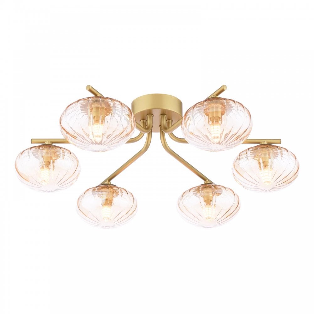 EDE6435 Ede 6 Light Semi-Flush Satin Gold and Amber Glass