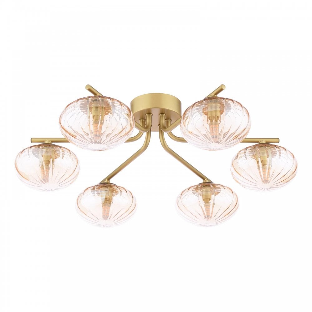 EDE6435 Ede 6 Light Semi-Flush Satin Gold and Amber Glass