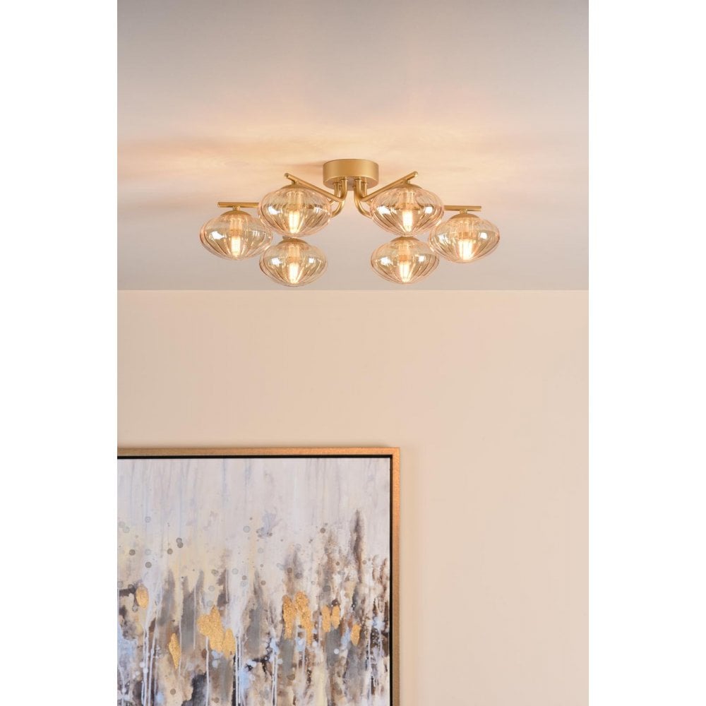 EDE6435 Ede 6 Light Semi-Flush Satin Gold and Amber Glass