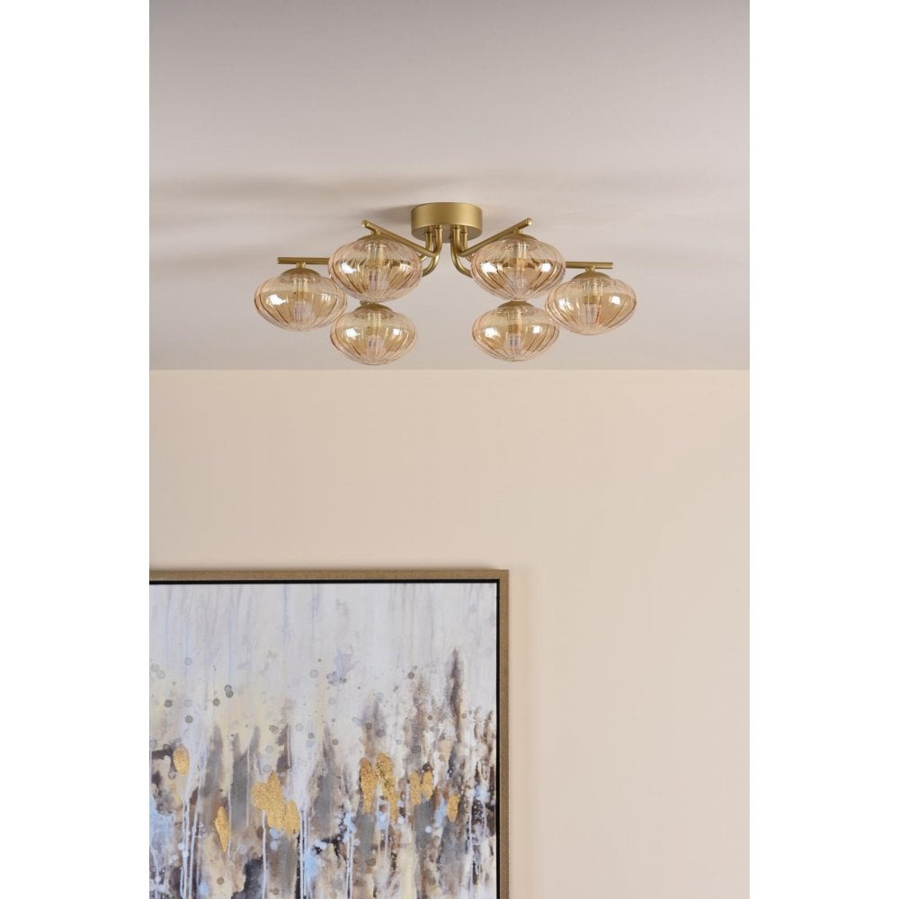 EDE6435 Ede 6 Light Semi-Flush Satin Gold and Amber Glass