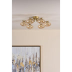 EDE6435 Ede 6 Light Semi-Flush Satin Gold and Amber Glass