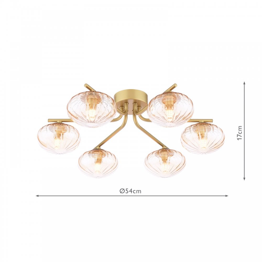 EDE6435 Ede 6 Light Semi-Flush Satin Gold and Amber Glass