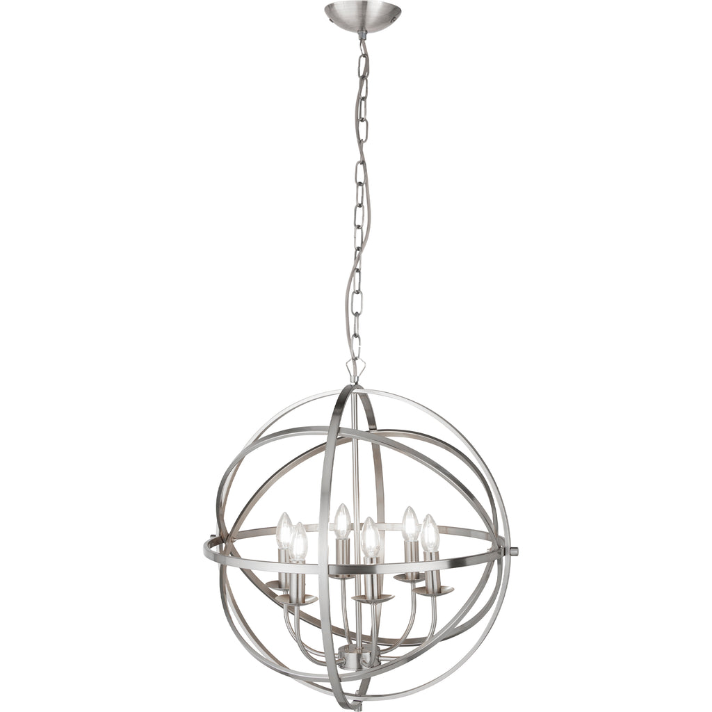2476-6SS Orbit 6 Light Cage Frame Orb Pendant Satin Silver