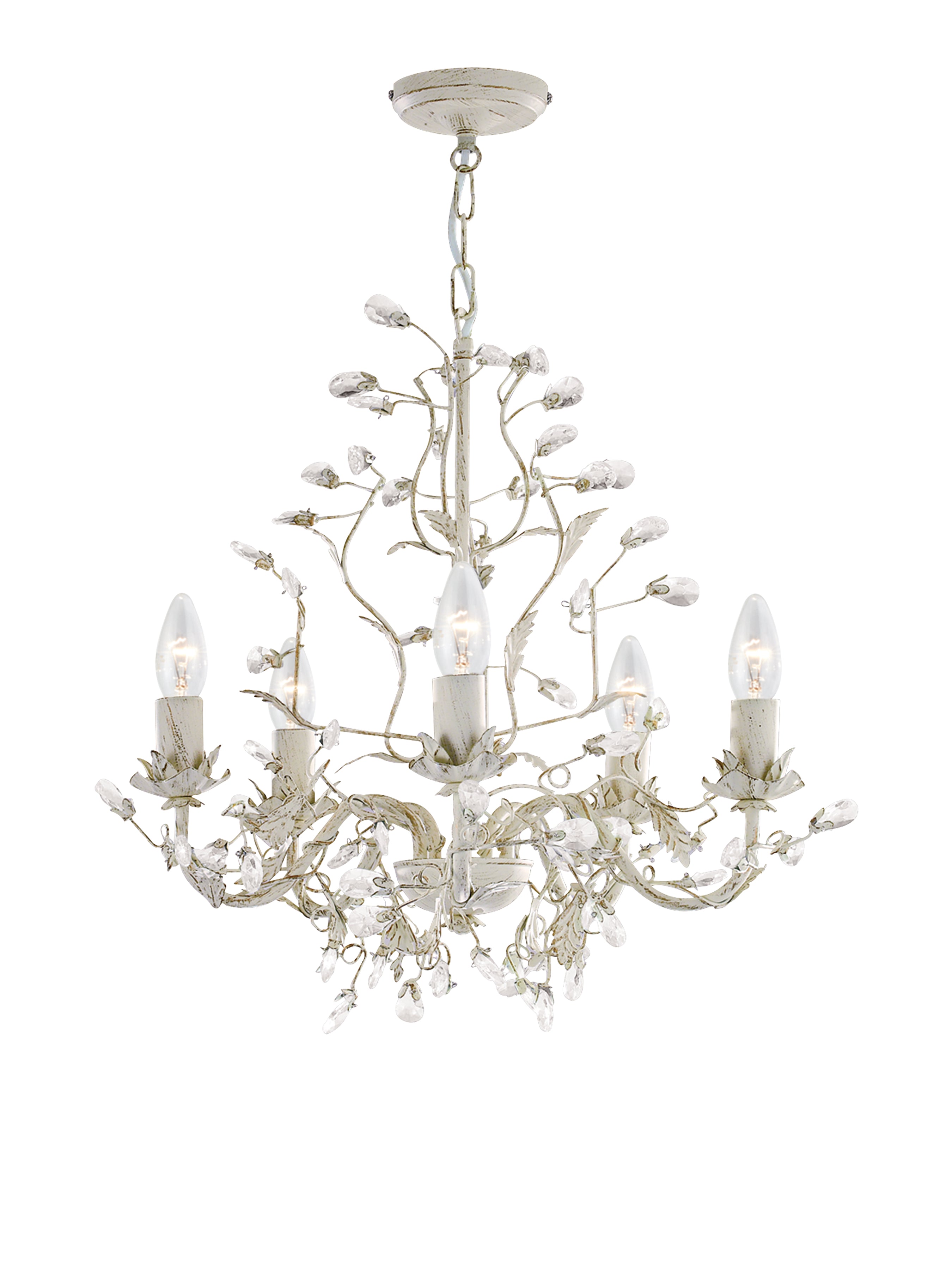 2495-5CR Almandite - 5 Light Ceiling Cream Gold Finish With Leaf Dressing And Clear Crystal Deco