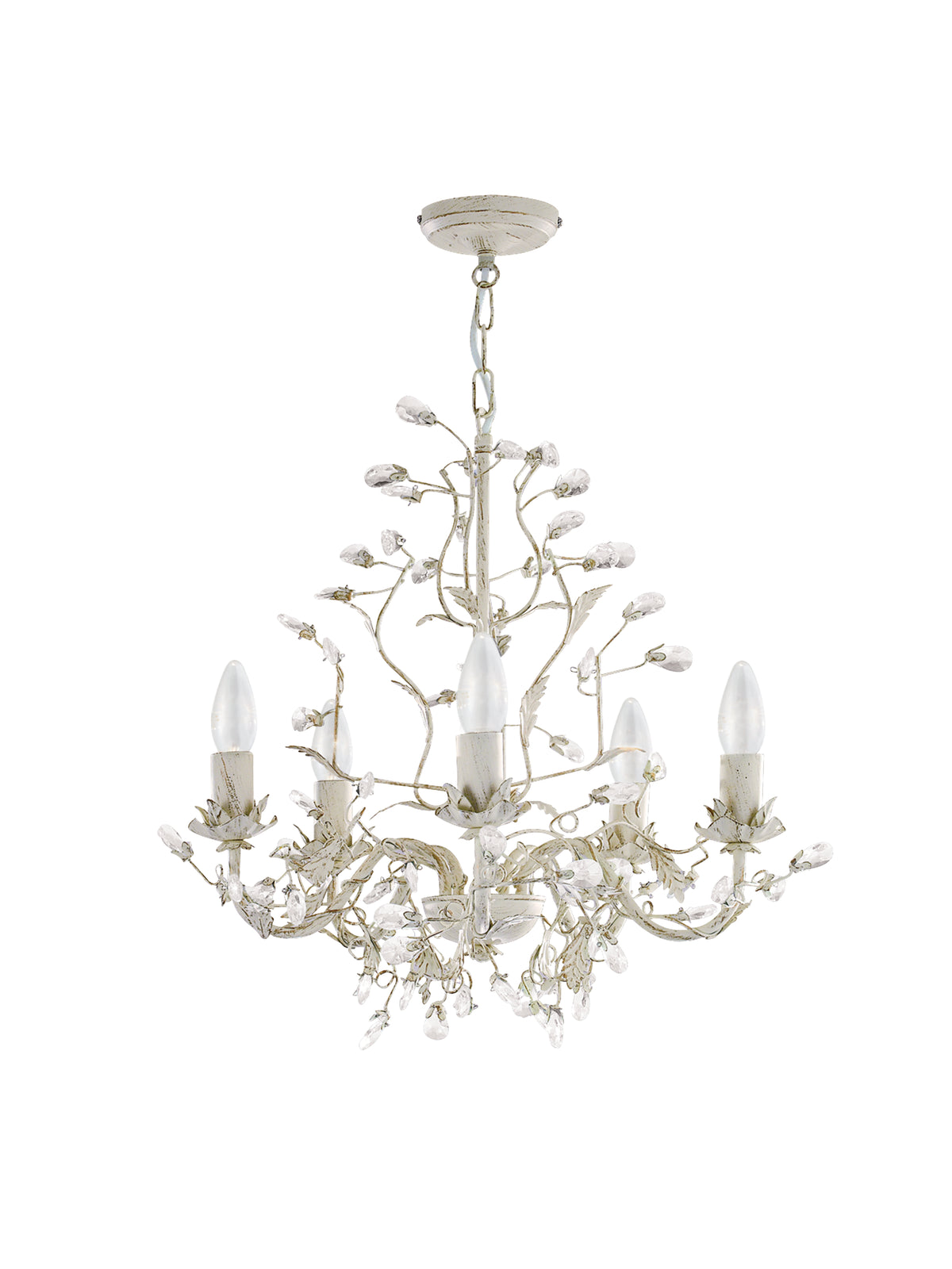 2495-5CR Almandite - 5 Light Ceiling Cream Gold Finish With Leaf Dressing And Clear Crystal Deco