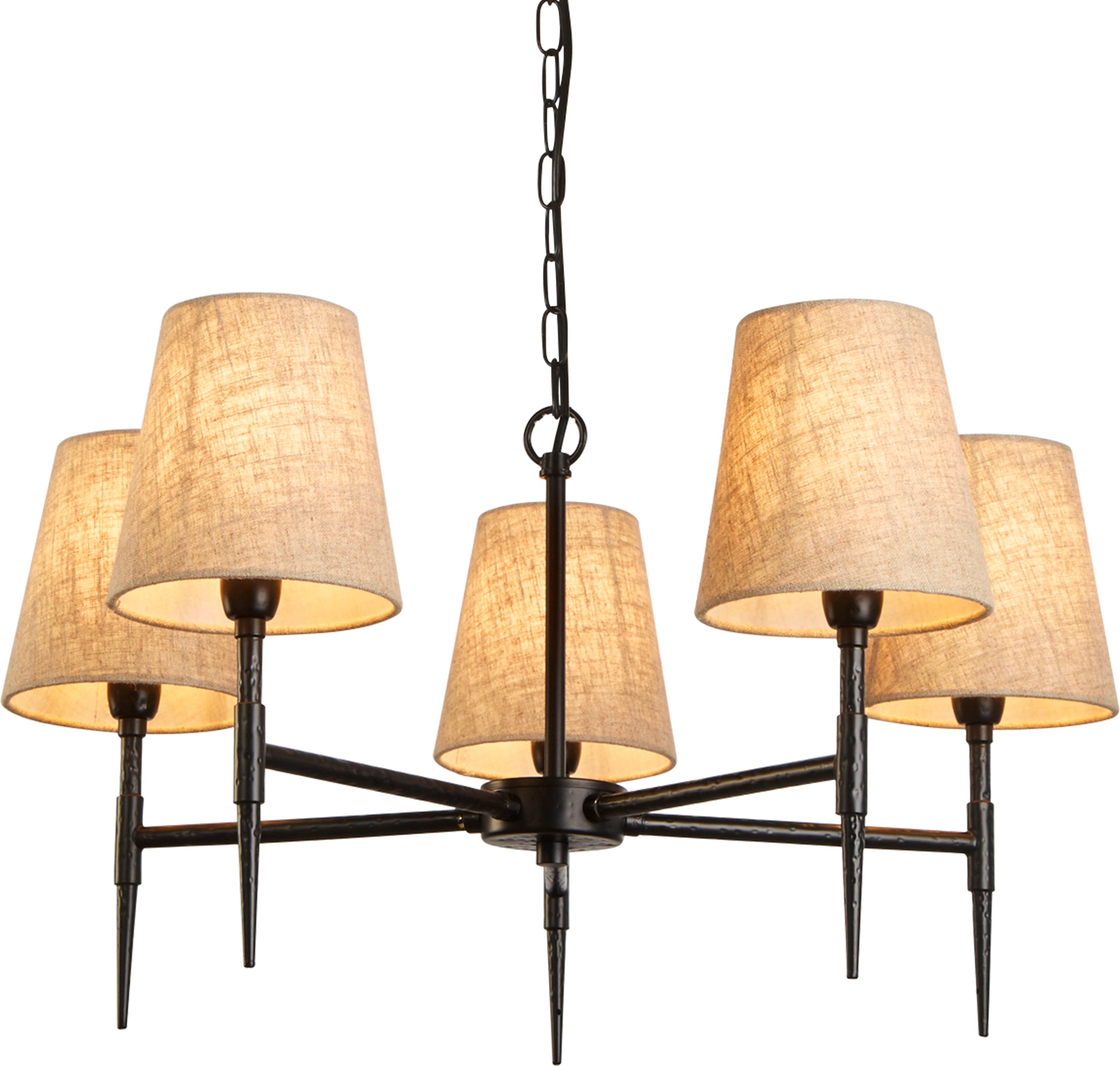 30690-5BK Gothic 5 Light Pendant Hammered Black Metal Natural Linen