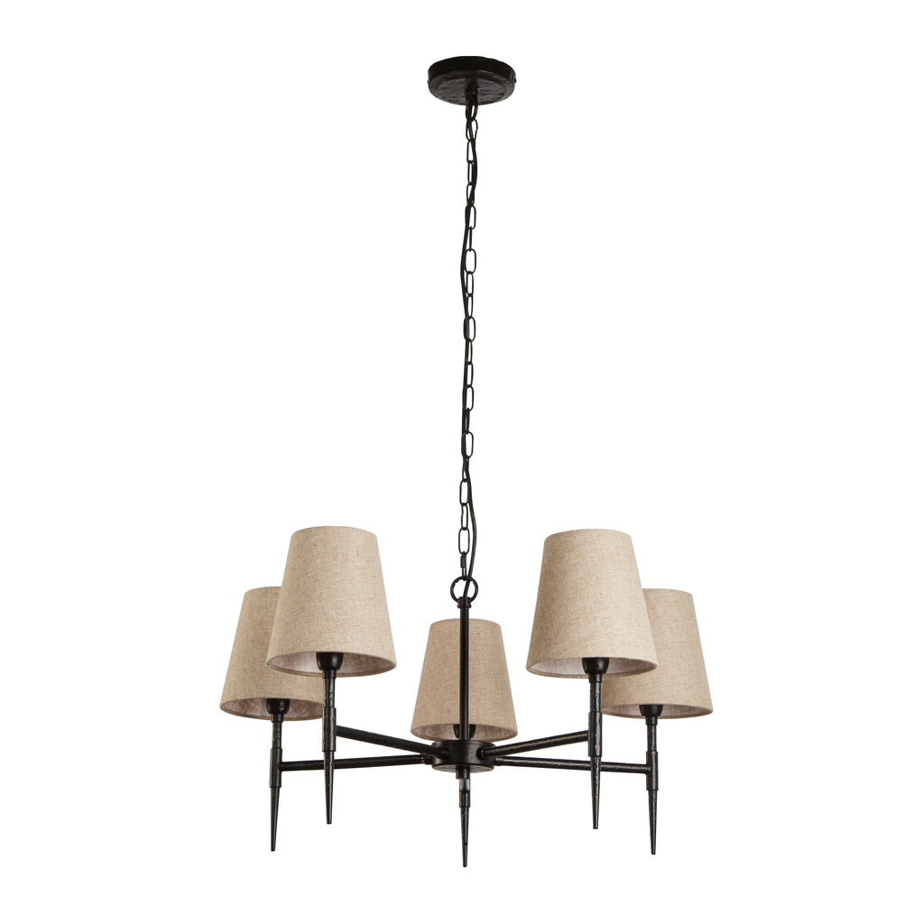 30690-5BK Gothic 5 Light Pendant Hammered Black Metal Natural Linen