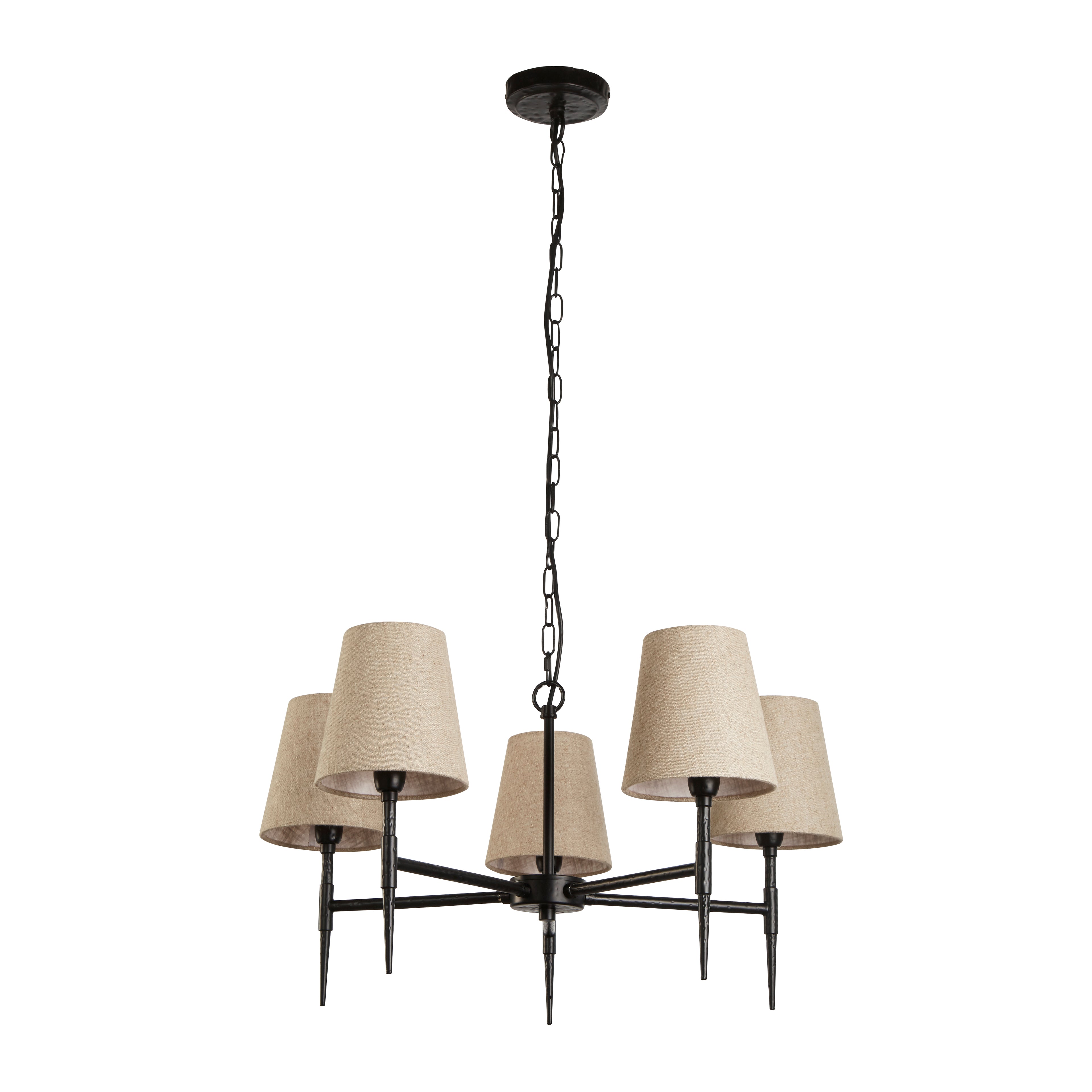 30690-5BK Gothic 5 Light Pendant Hammered Black Metal Natural Linen