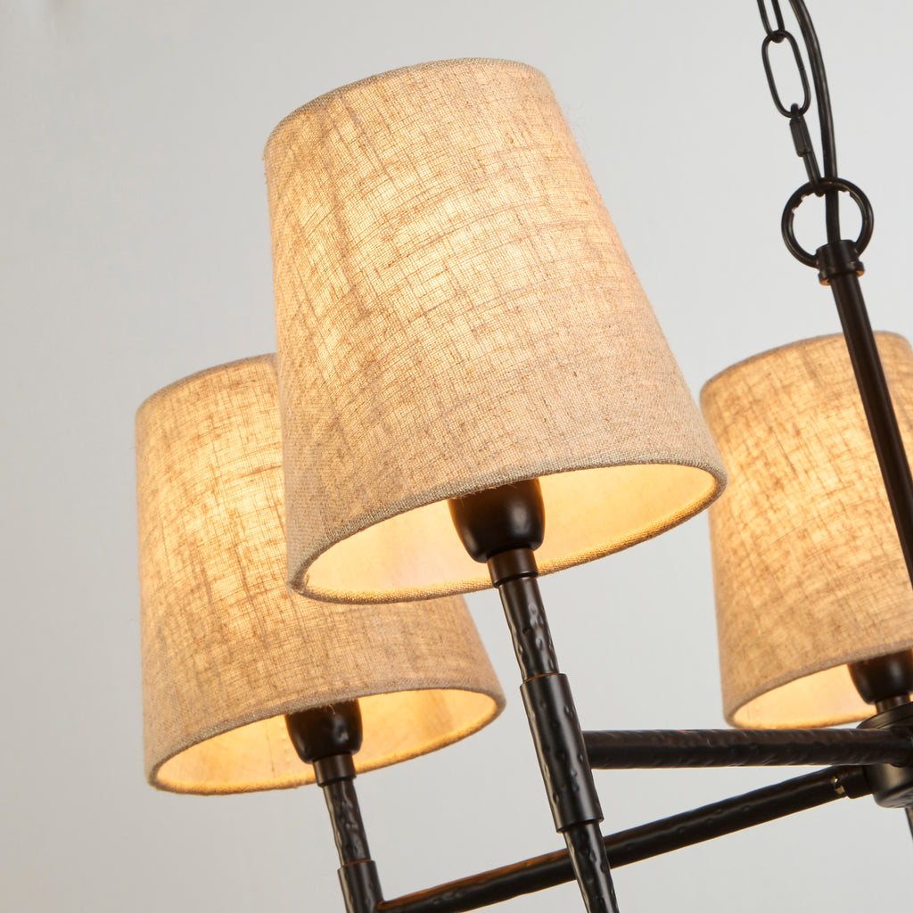 30690-5BK Gothic 5 Light Pendant Hammered Black Metal Natural Linen