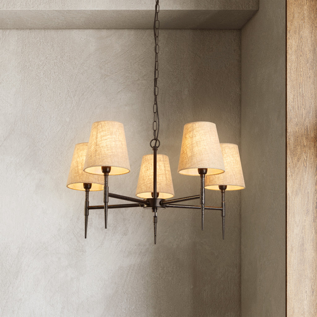 30690-5BK Gothic 5 Light Pendant Hammered Black Metal Natural Linen