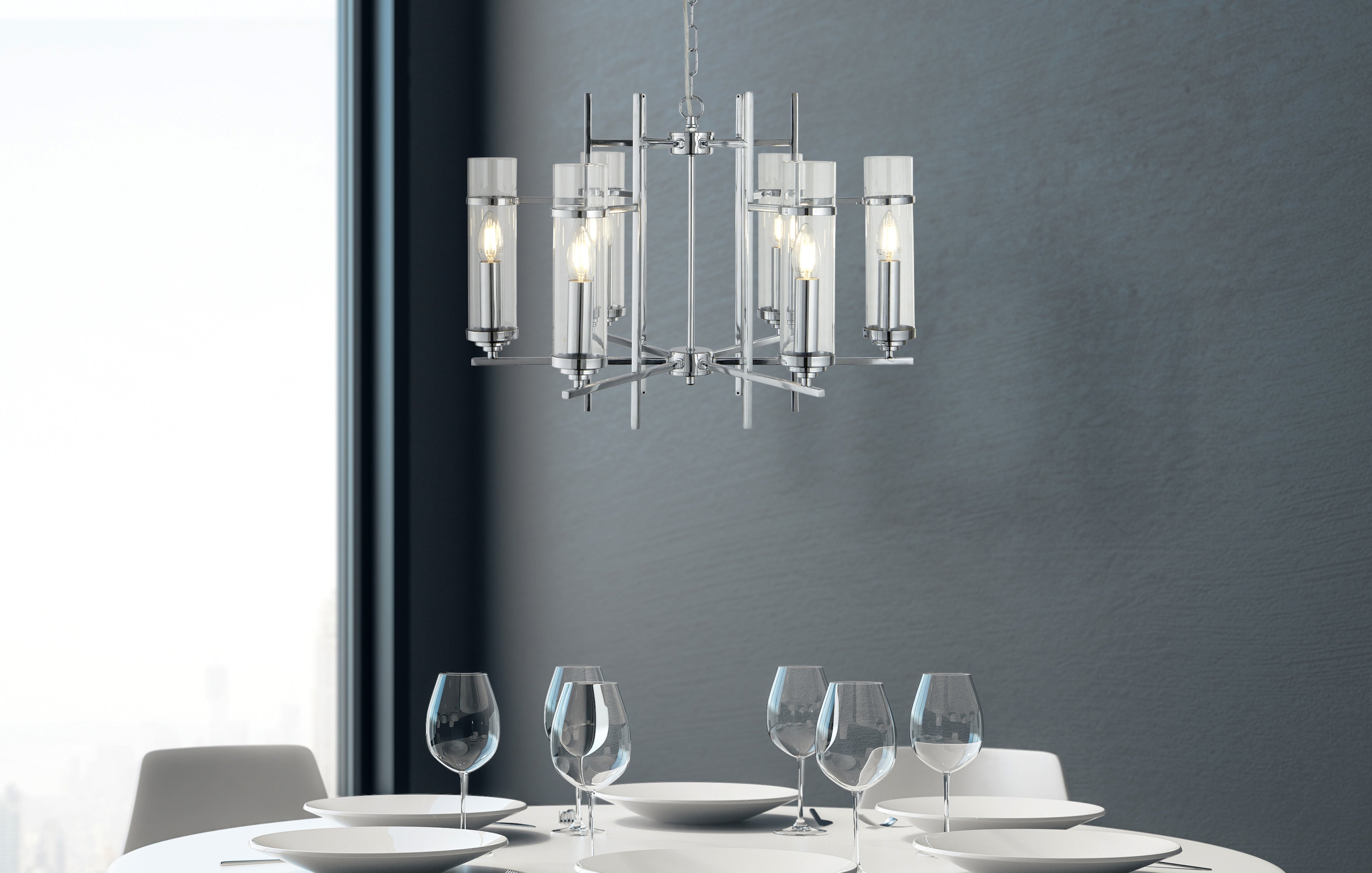 3096-6CC Milo Chrome 6 Light Pend-clear Glass Cylinder Shade