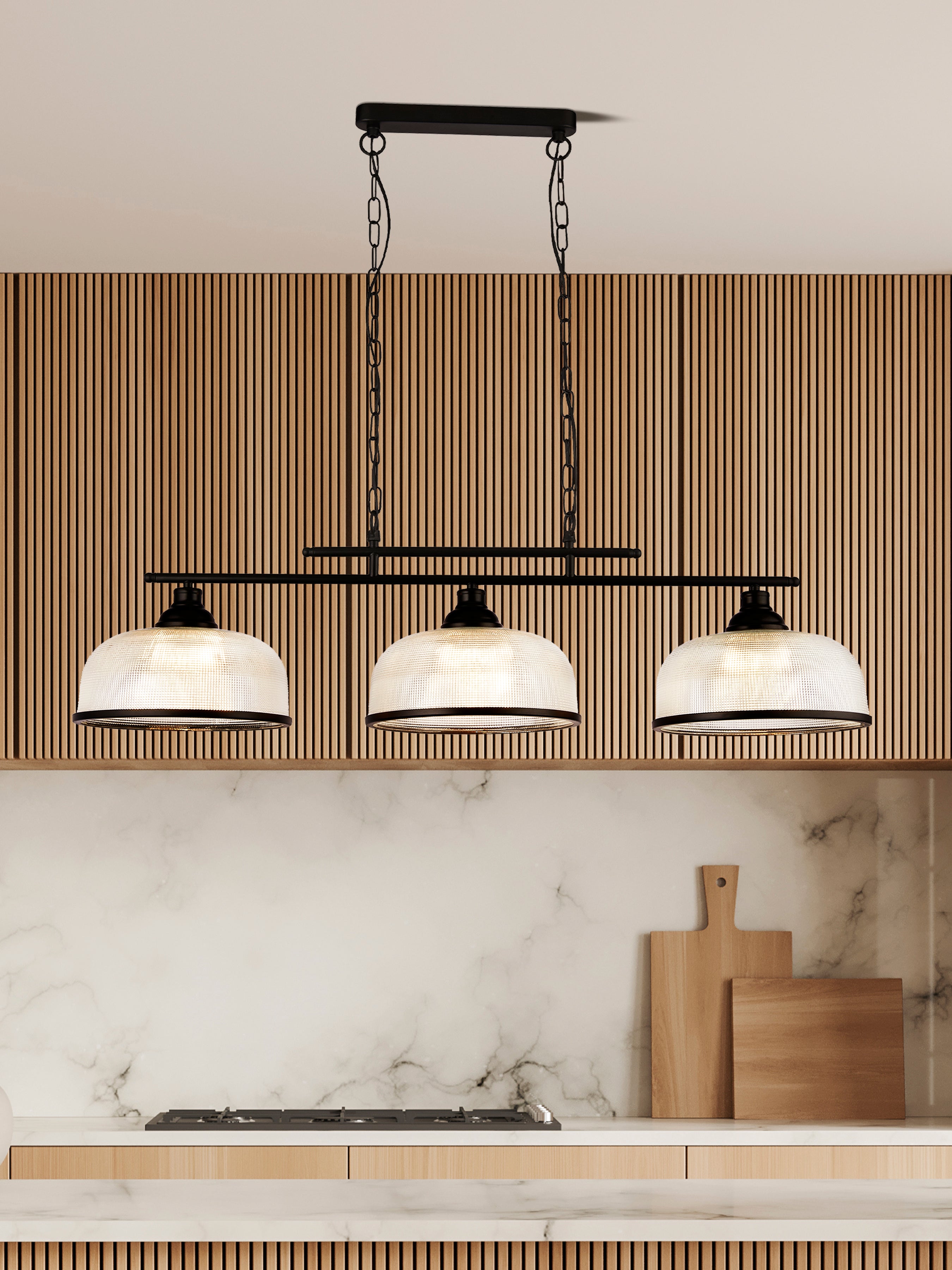 3593-3BK Highworth 3 Light Bar Pendant Black Metal Holophane Style Glass