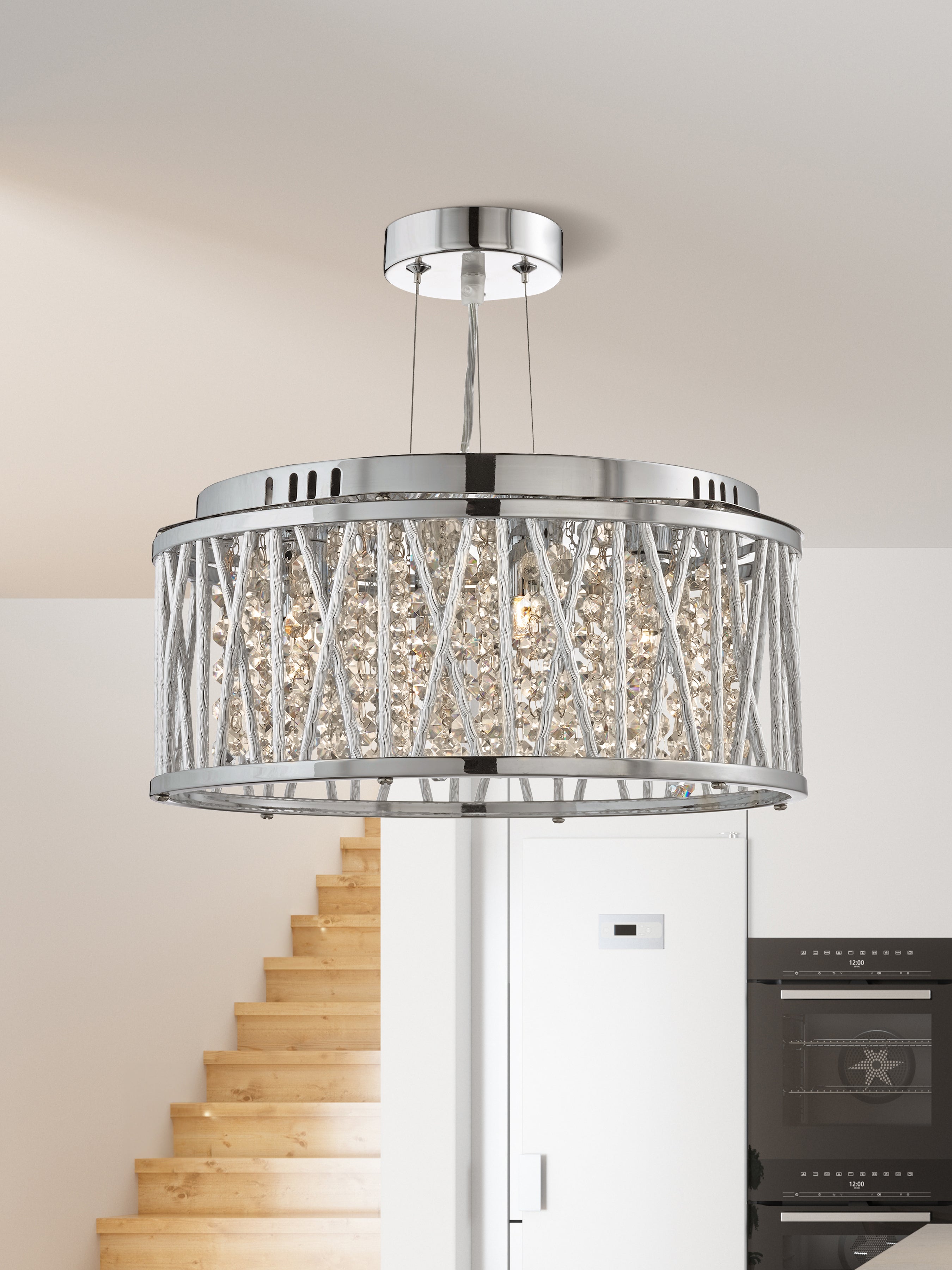 8333-3CC Elise 3 Light Ceiling Flush/pendant Chrome Clear Crystal Button Drops Aluminium Tubes Trim