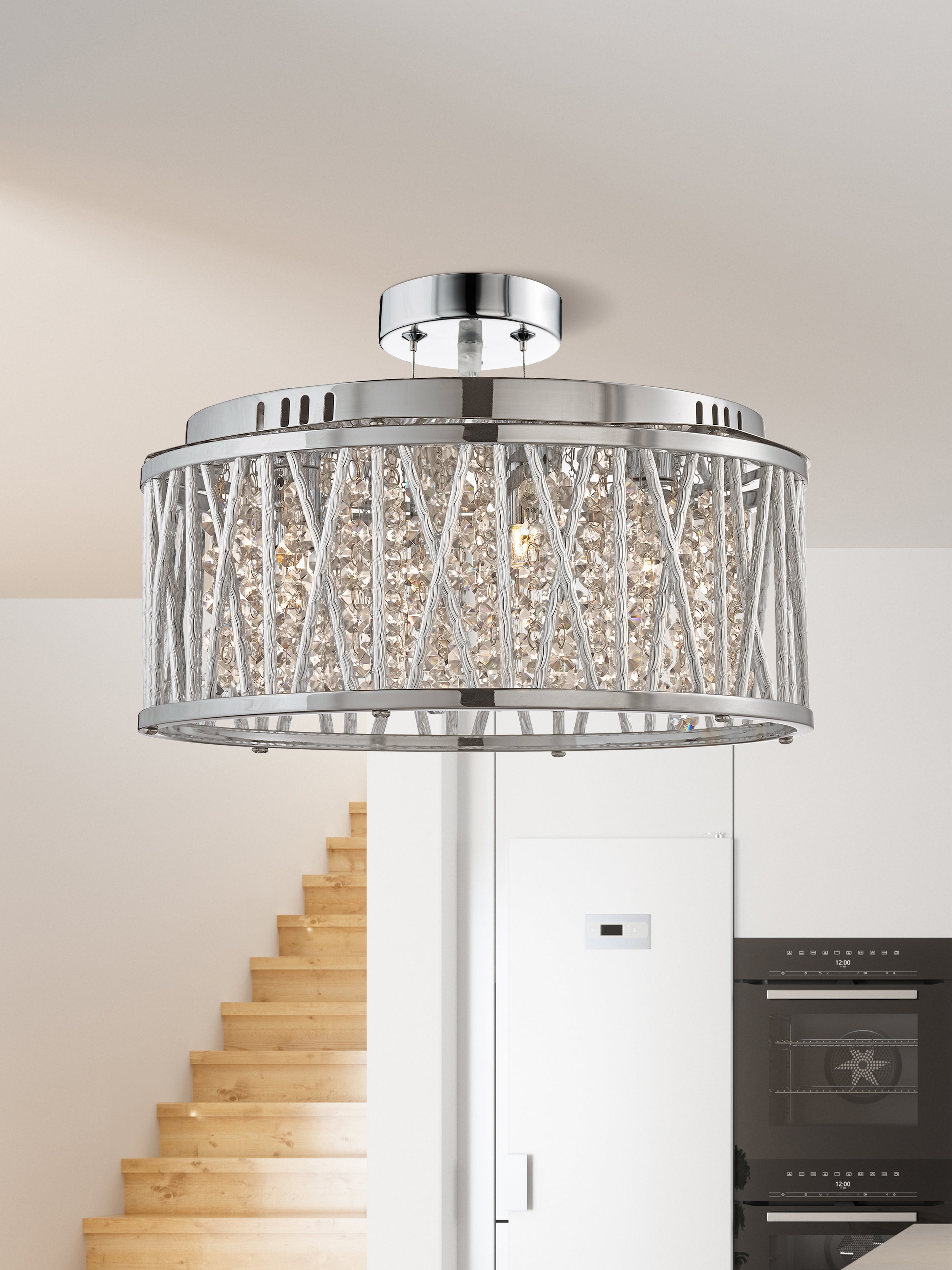8335-5CC Elise 5 Light Ceiling Flush/pendant Chrome Clear Crystal Button Drops Aluminium Tubes Trim