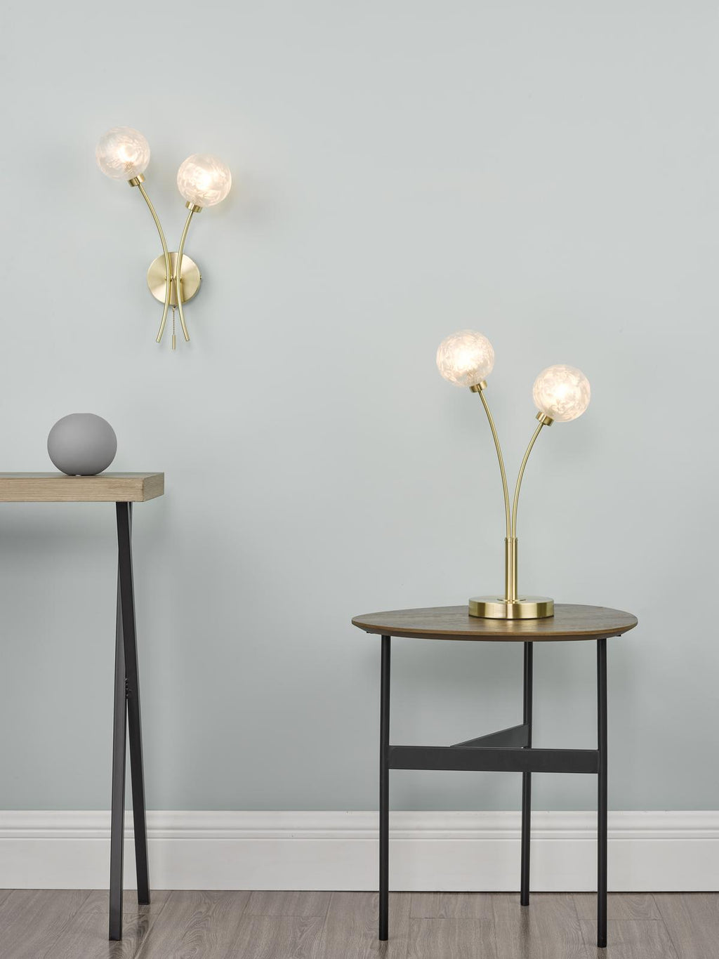 AVA4241 Avari 2 Light Table Lamp Satin Brass and White Frosted Glass