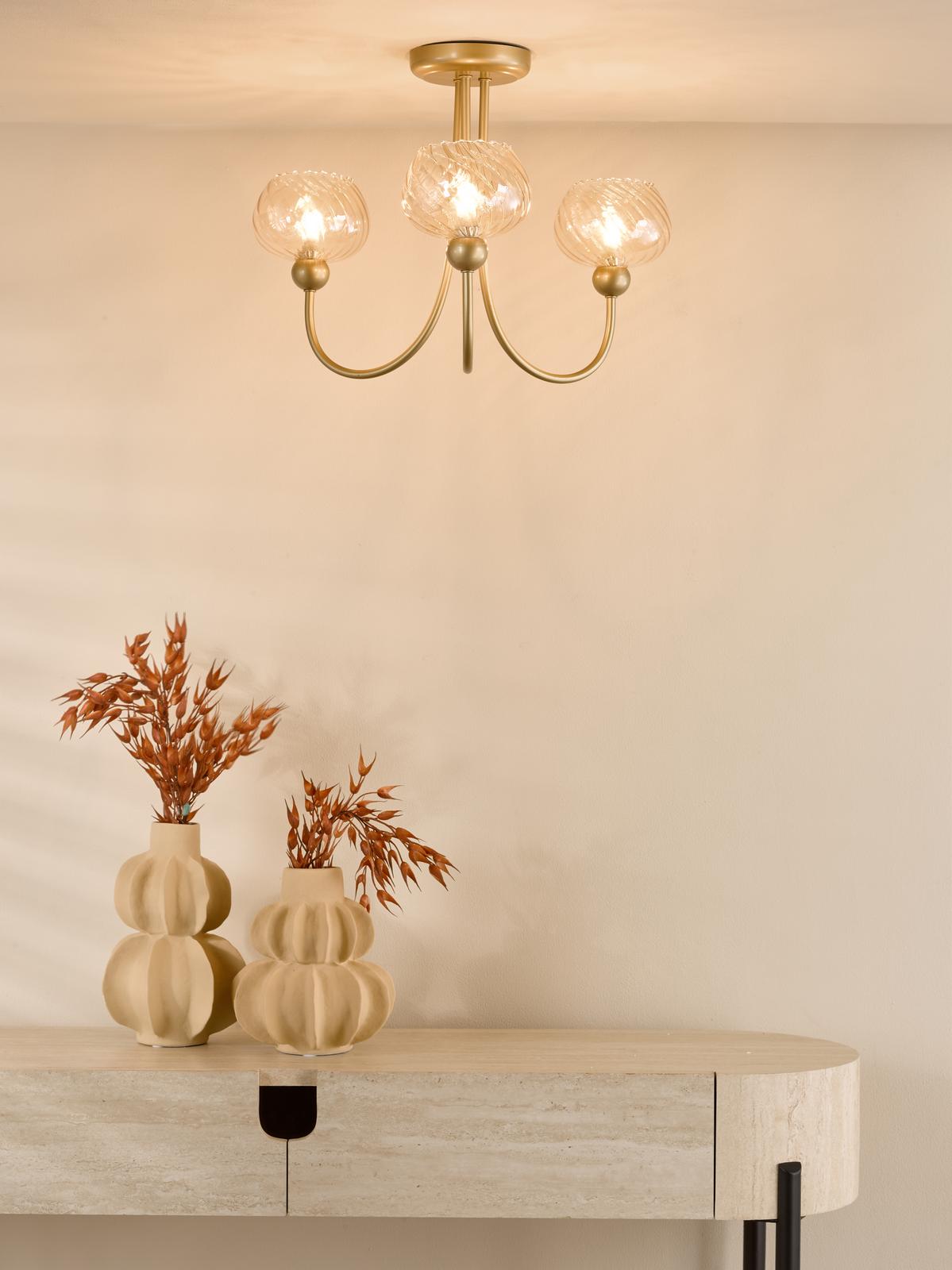 COG0335 Cognac 3 Light Semi-Flush Satin Gold and Champagne Ribbed Glass