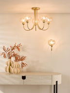 COG0335 Cognac 3 Light Semi-Flush Satin Gold and Champagne Ribbed Glass