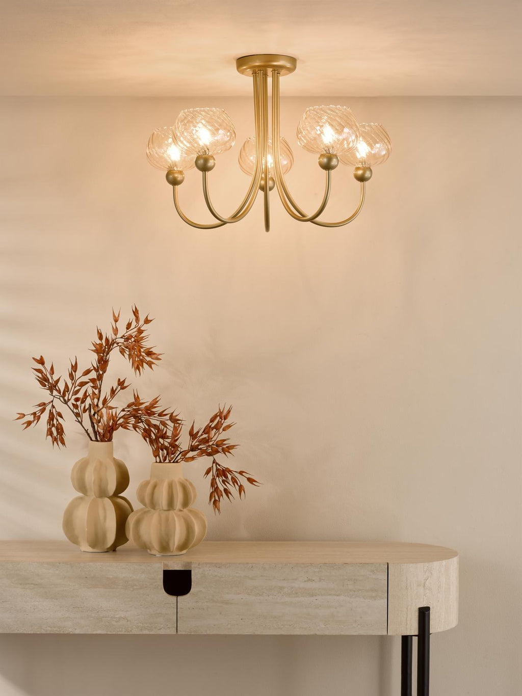 COG0535 Cognac 5 Light Semi-Flush Satin Gold and Champagne Ribbed Glass