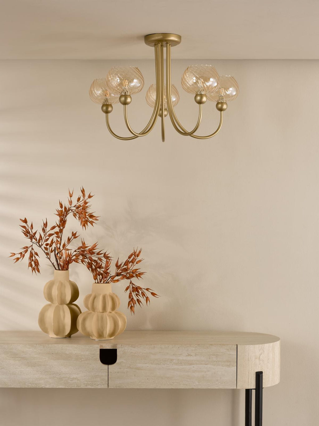 COG0535 Cognac 5 Light Semi-Flush Satin Gold and Champagne Ribbed Glass