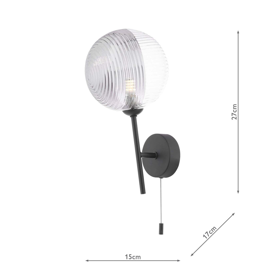COH0722-19 Cohen Wall Light Matt Black With Smoked/Clear Ribbed Glass