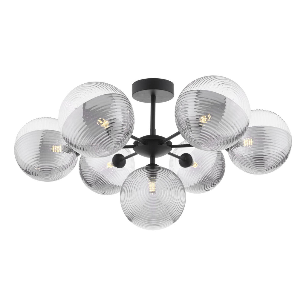 COH3422-19 Cohen 7 Light Pendant Matt Black With Smoked/Clear Ribbed Glass