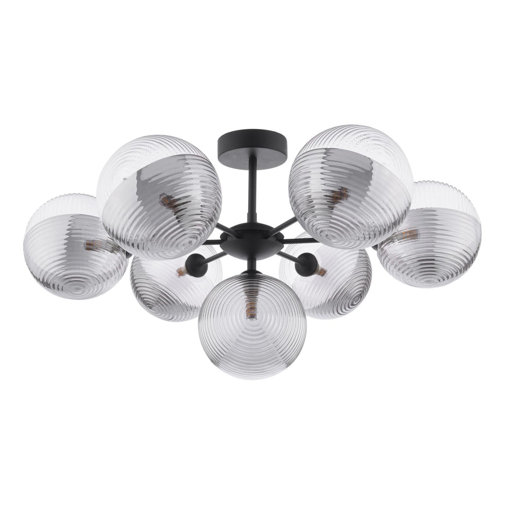 COH3422-19 Cohen 7 Light Pendant Matt Black With Smoked/Clear Ribbed Glass