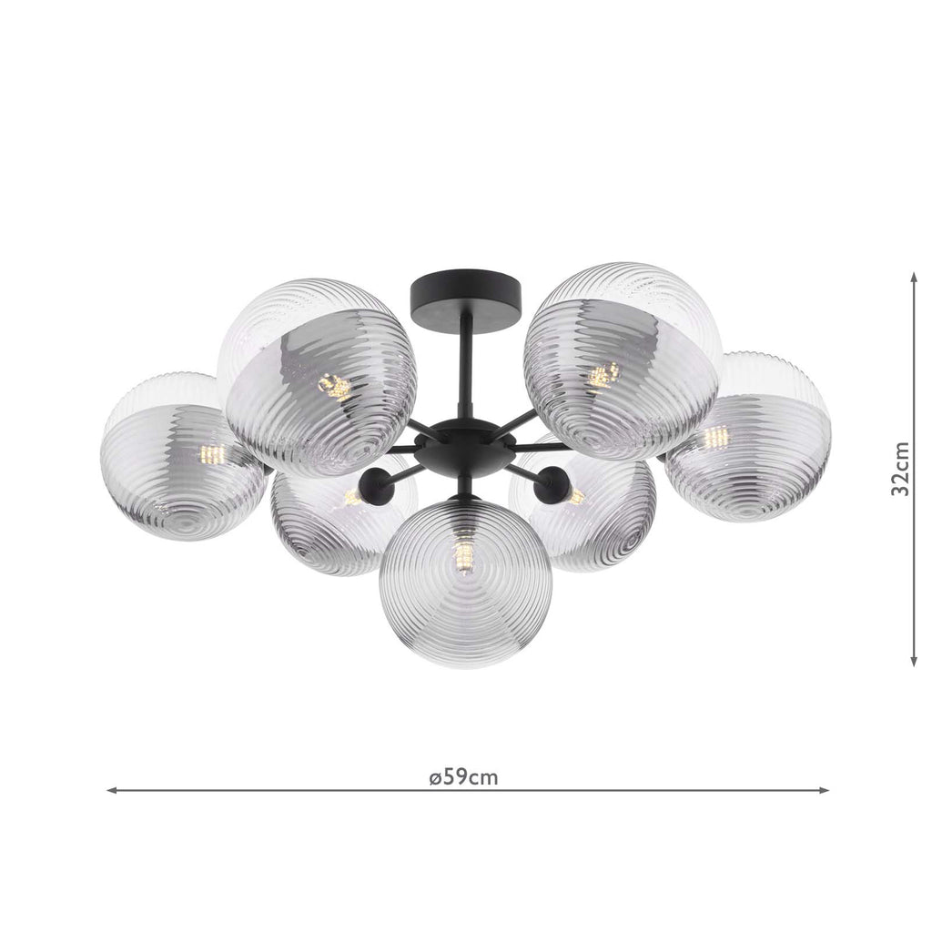 COH3422-19 Cohen 7 Light Pendant Matt Black With Smoked/Clear Ribbed Glass
