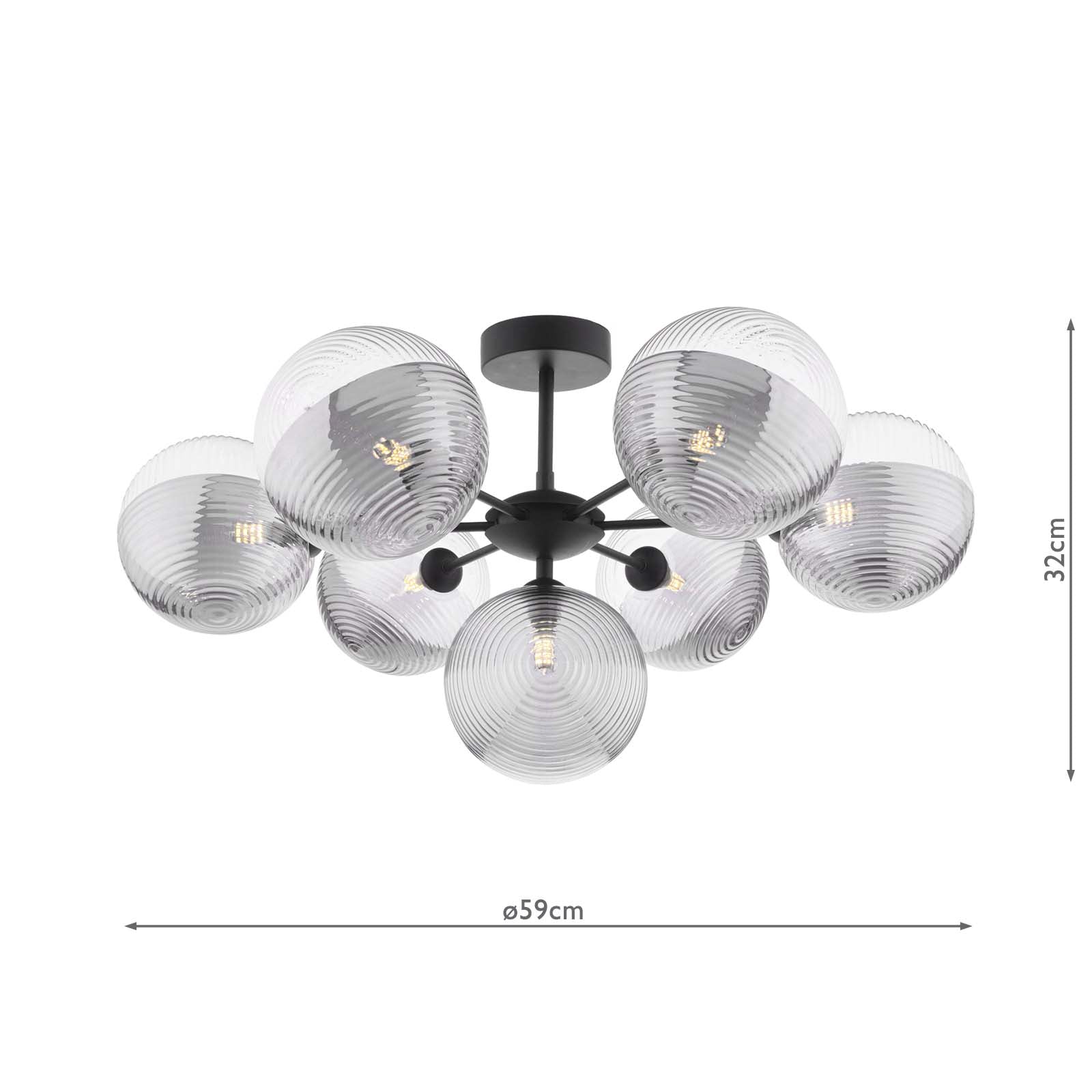 COH3422-19 Cohen 7 Light Pendant Matt Black With Smoked/Clear Ribbed Glass