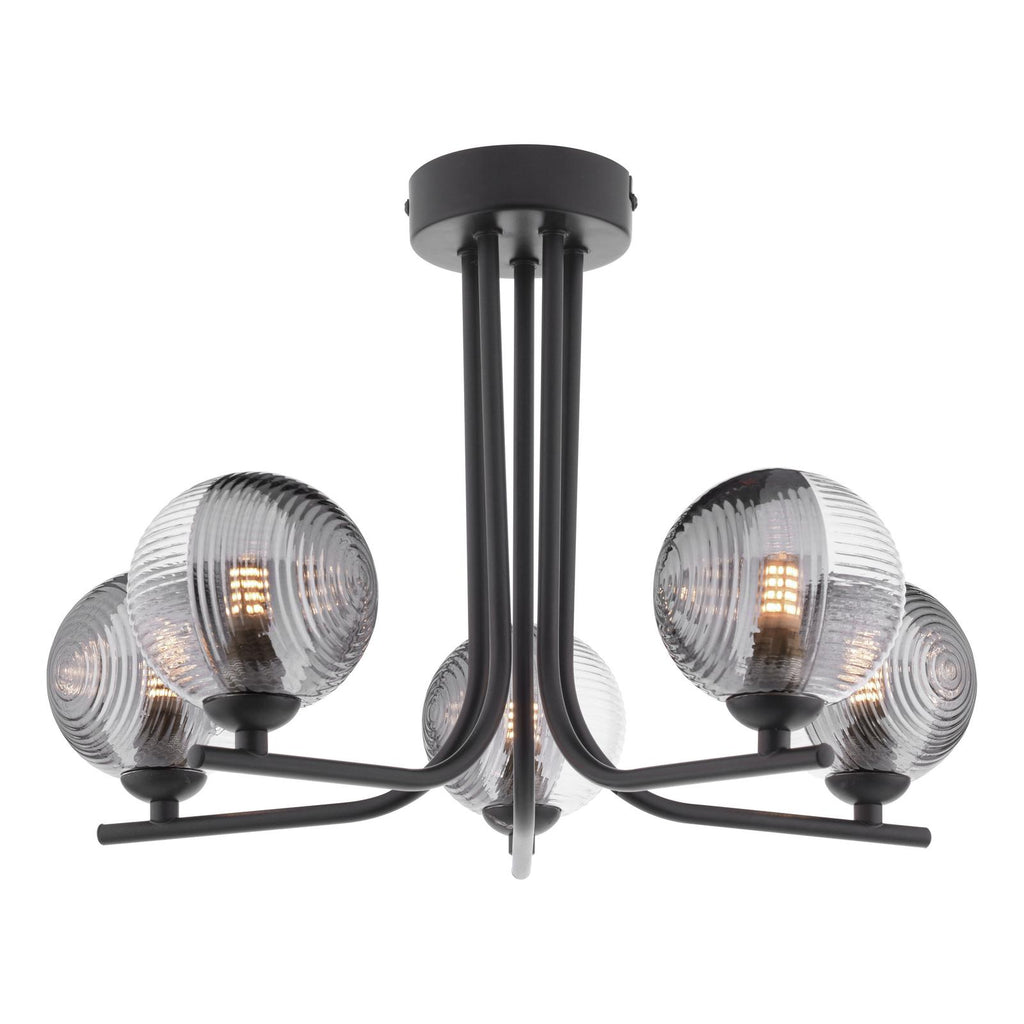 CRA5422-18 Cradle 5 Light Semi Flush Matt Black With Smoked/Clear Ribbed Glass
