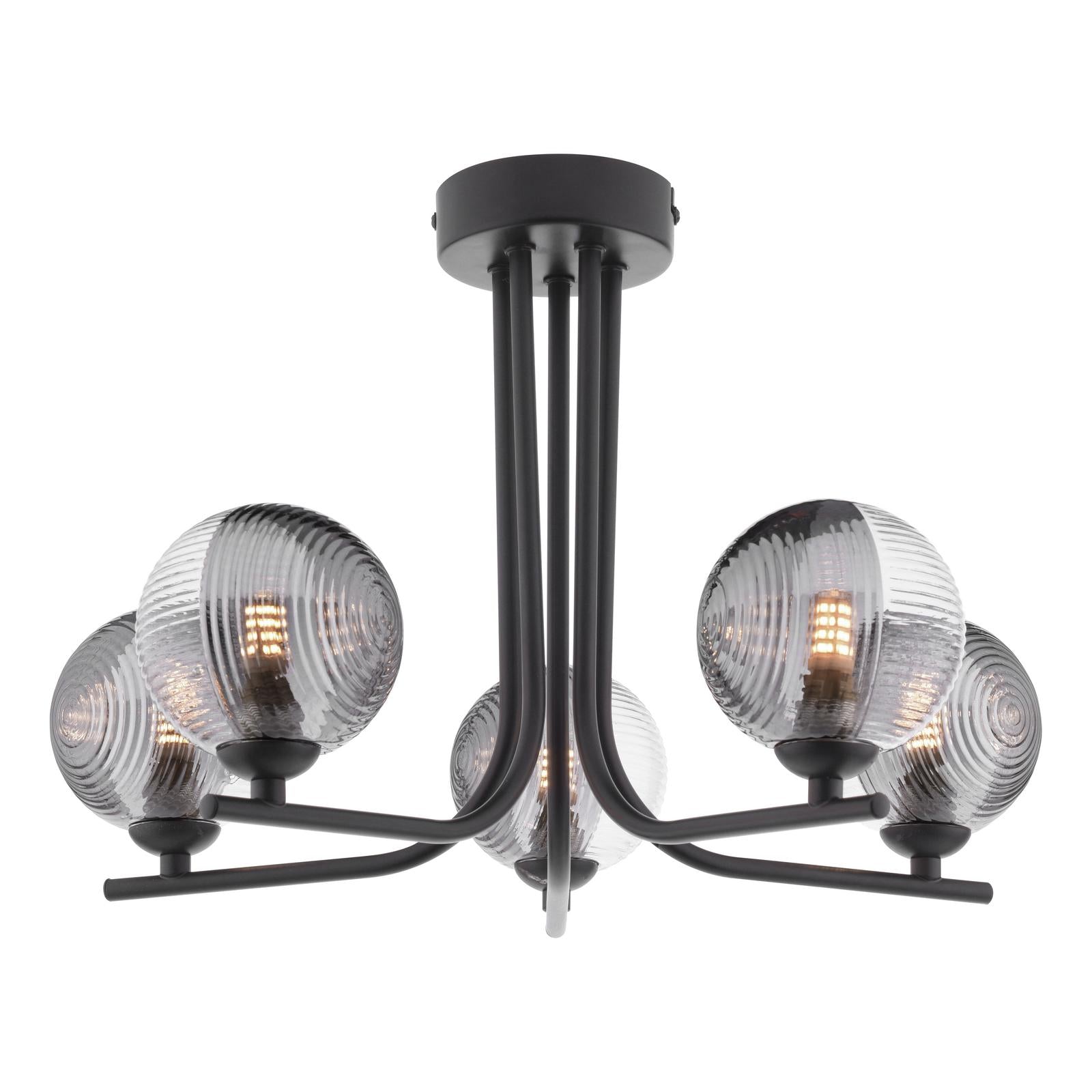CRA5422-18 Cradle 5 Light Semi Flush Matt Black With Smoked/Clear Ribbed Glass