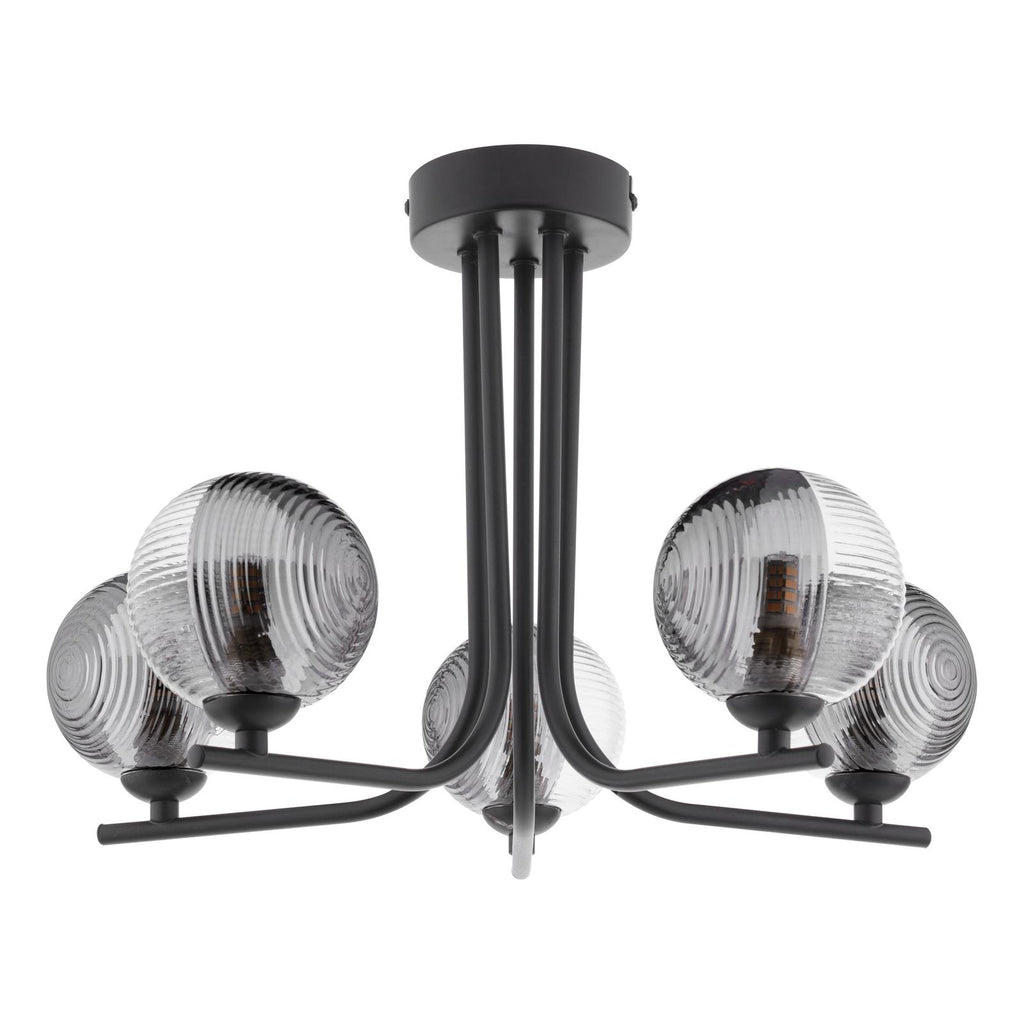 CRA5422-18 Cradle 5 Light Semi Flush Matt Black With Smoked/Clear Ribbed Glass