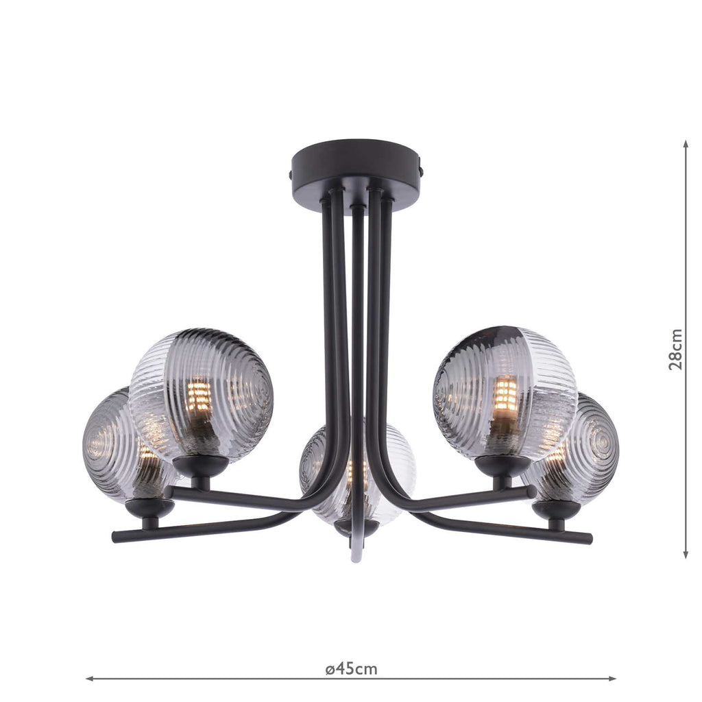 CRA5422-18 Cradle 5 Light Semi Flush Matt Black With Smoked/Clear Ribbed Glass