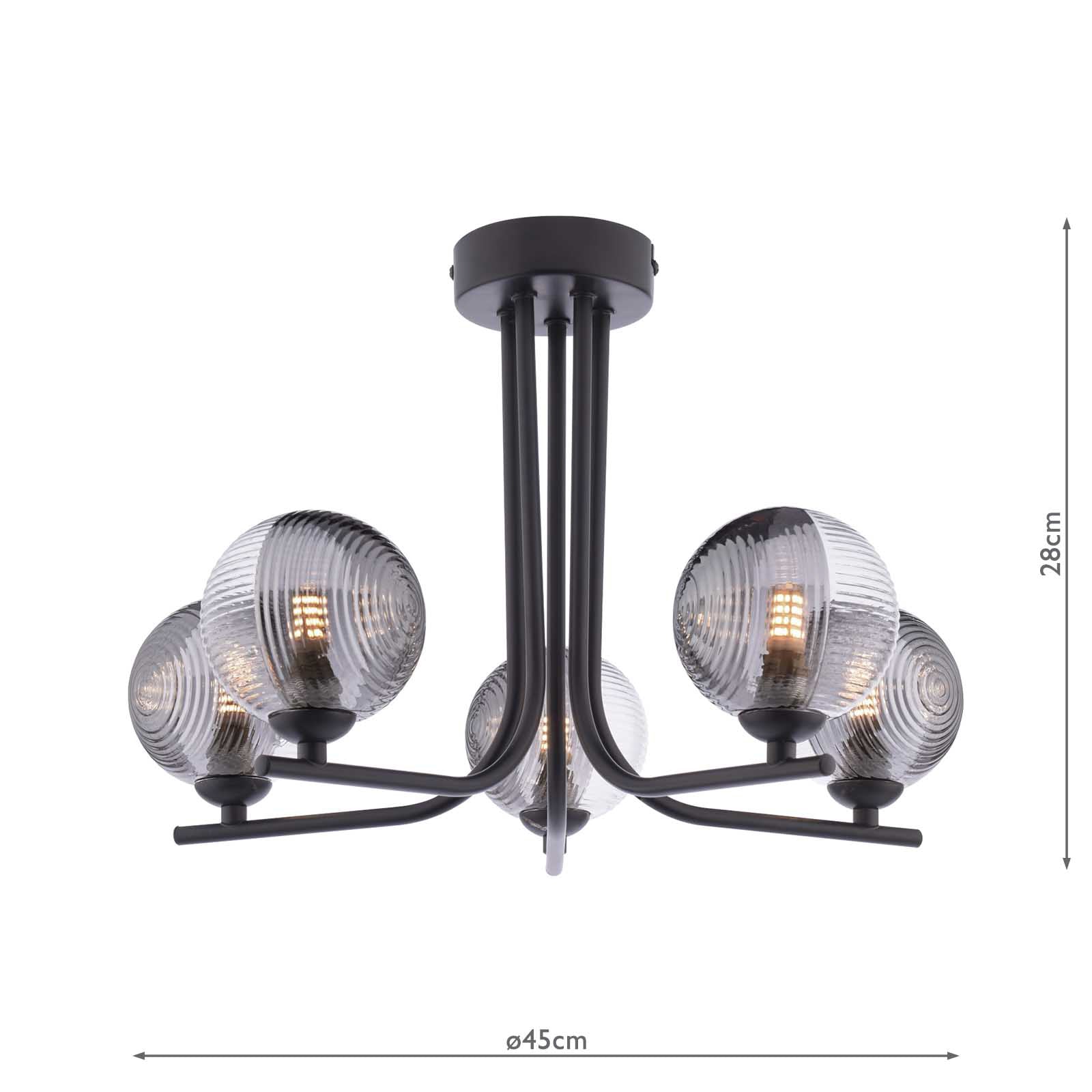 CRA5422-18 Cradle 5 Light Semi Flush Matt Black With Smoked/Clear Ribbed Glass