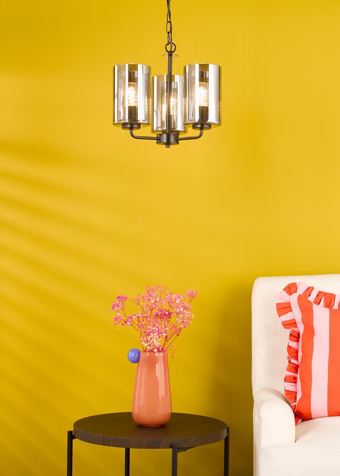 DAY0322 Daylin 3 Light Pendant Satin Black and Smoked Ribbed Glass