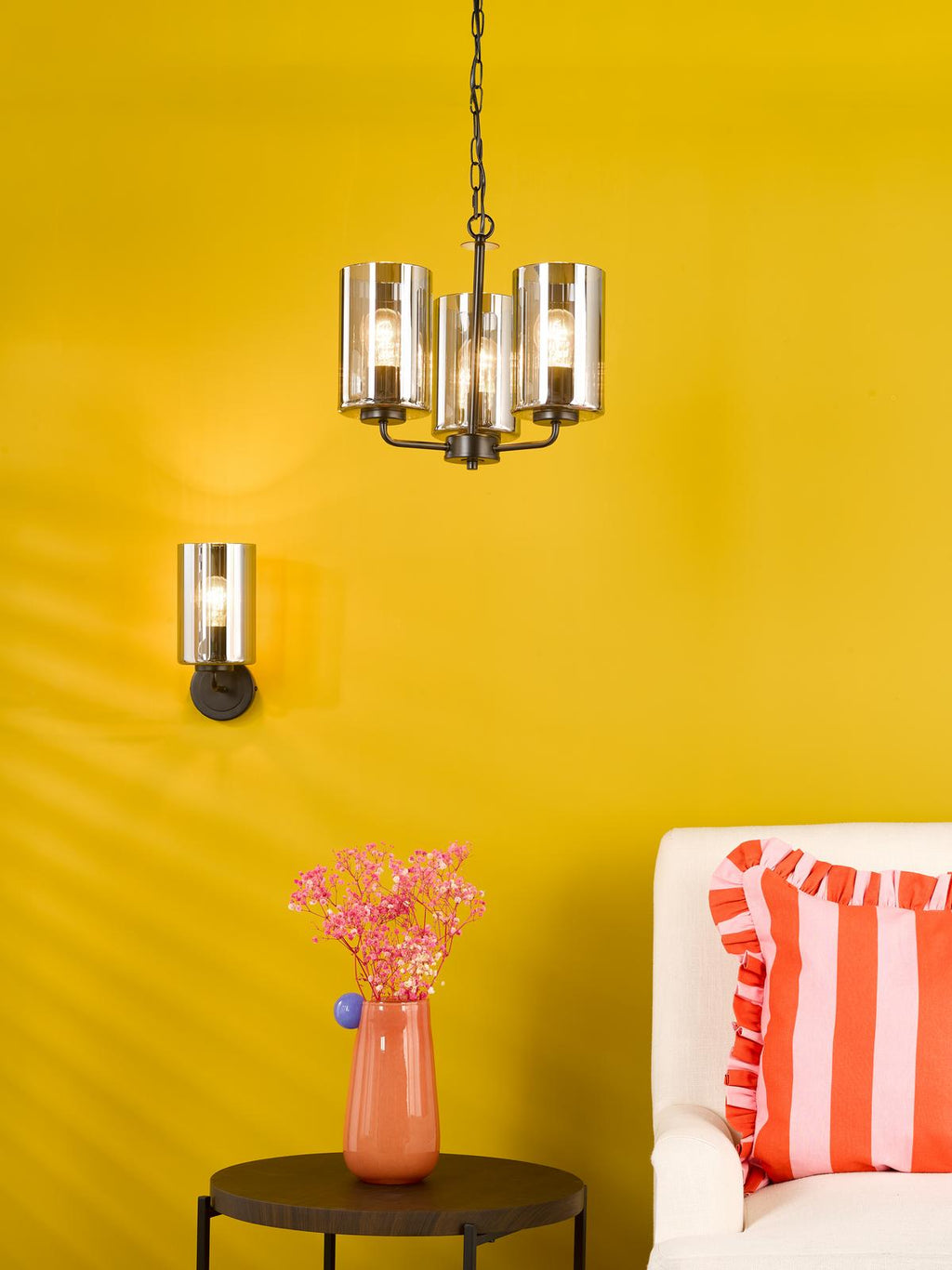 DAY0322 Daylin 3 Light Pendant Satin Black and Smoked Ribbed Glass