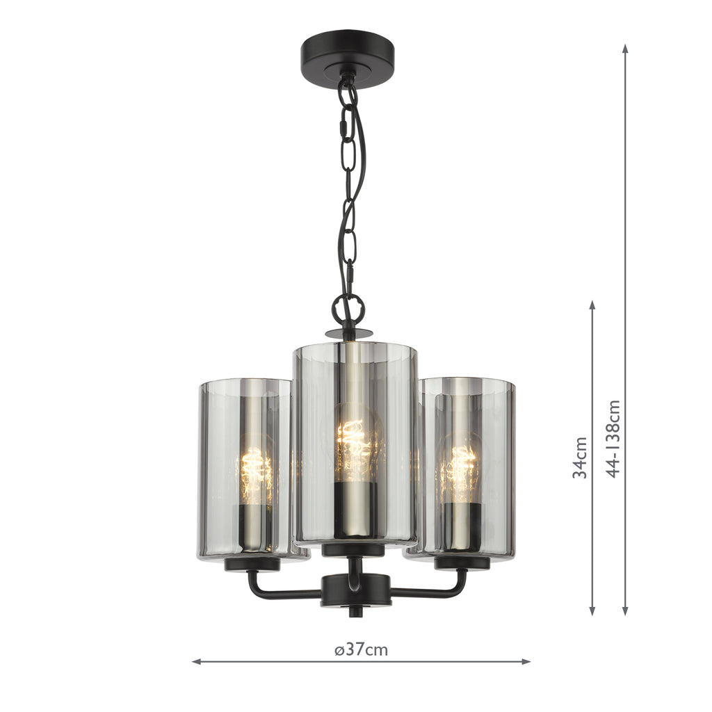 DAY0322 Daylin 3 Light Pendant Satin Black and Smoked Ribbed Glass