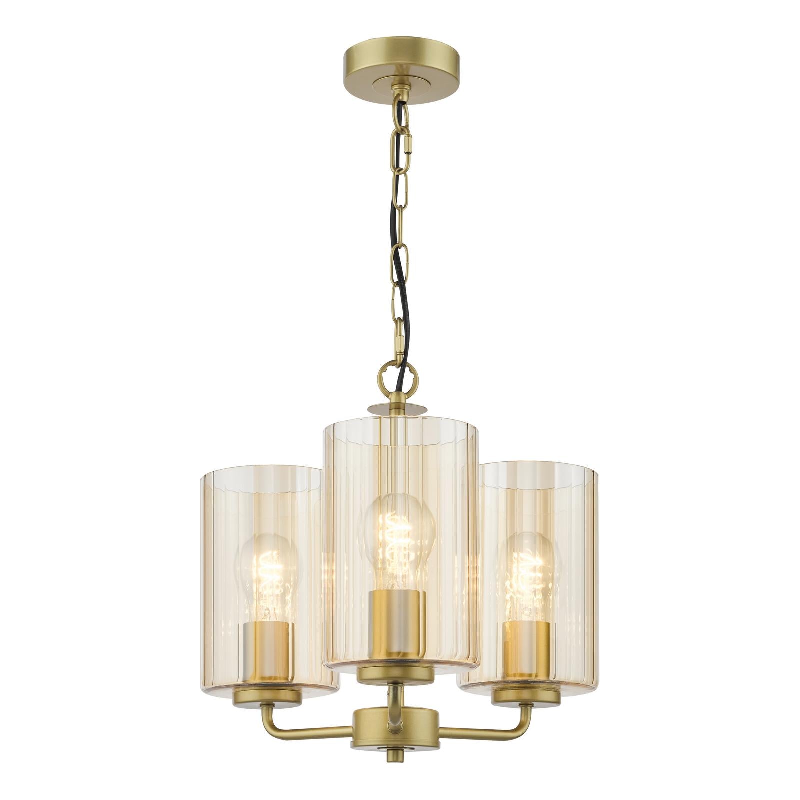 DAY0335 Daylin 3 Light Pendant Satin Gold and Amber Ribbed Glass