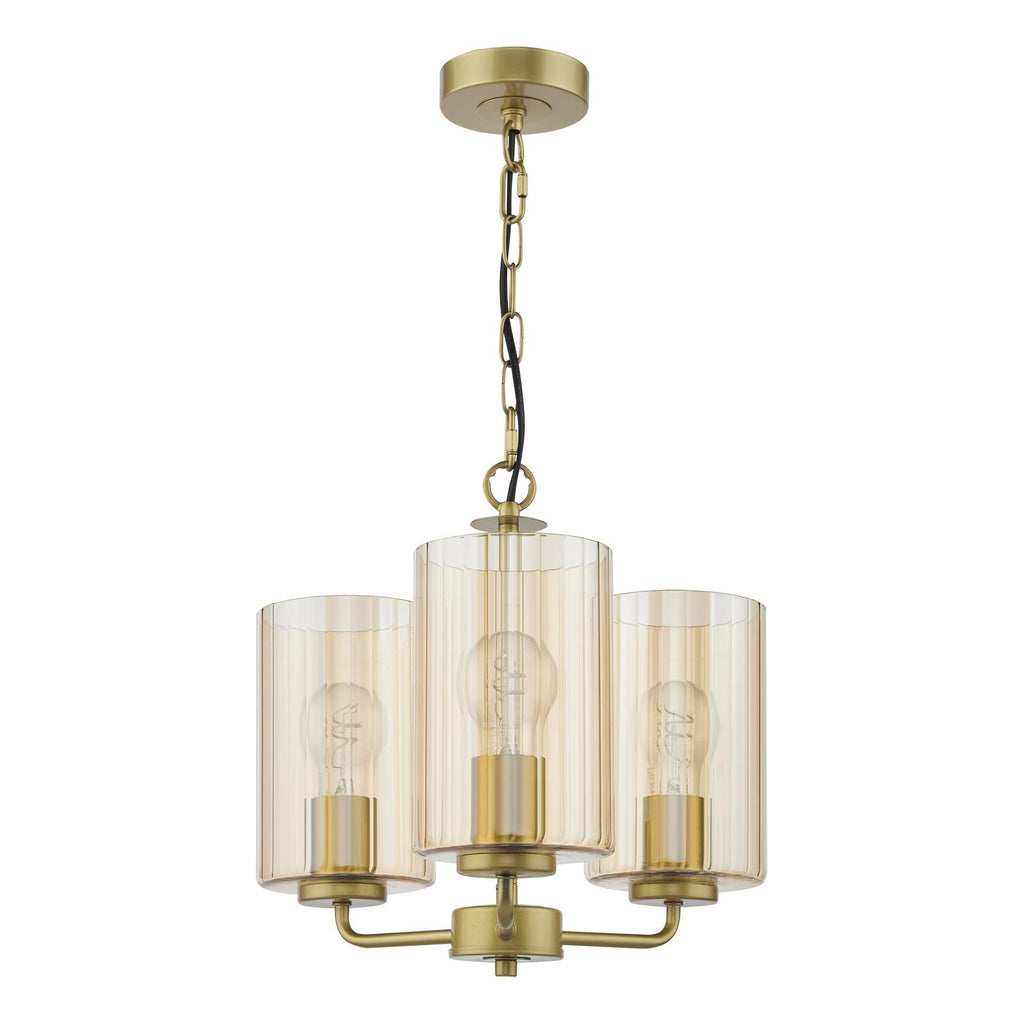 DAY0335 Daylin 3 Light Pendant Satin Gold and Amber Ribbed Glass