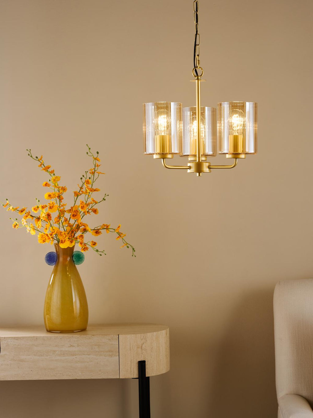 DAY0335 Daylin 3 Light Pendant Satin Gold and Amber Ribbed Glass