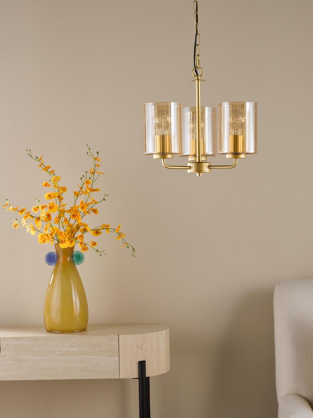 DAY0335 Daylin 3 Light Pendant Satin Gold and Amber Ribbed Glass