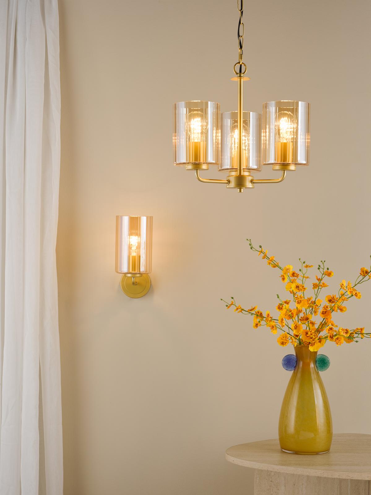 DAY0335 Daylin 3 Light Pendant Satin Gold and Amber Ribbed Glass