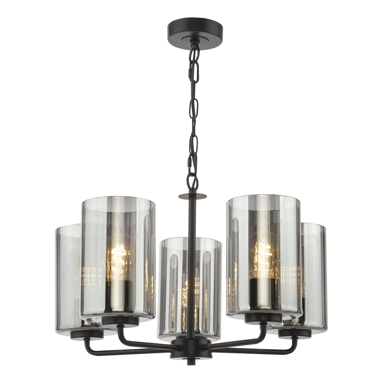 DAY0522 Daylin 5 Light Pendant Satin Black and Smoked Ribbed Glass