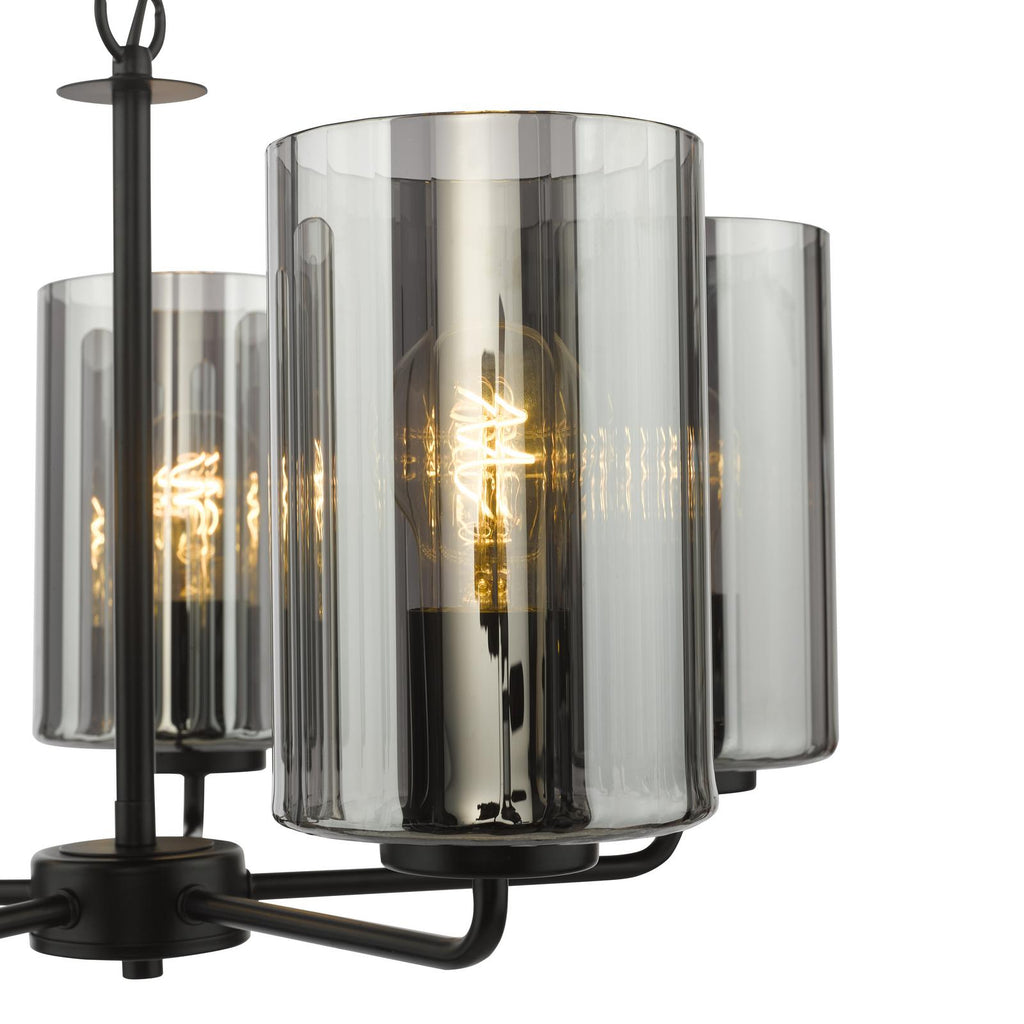 DAY0522 Daylin 5 Light Pendant Satin Black and Smoked Ribbed Glass