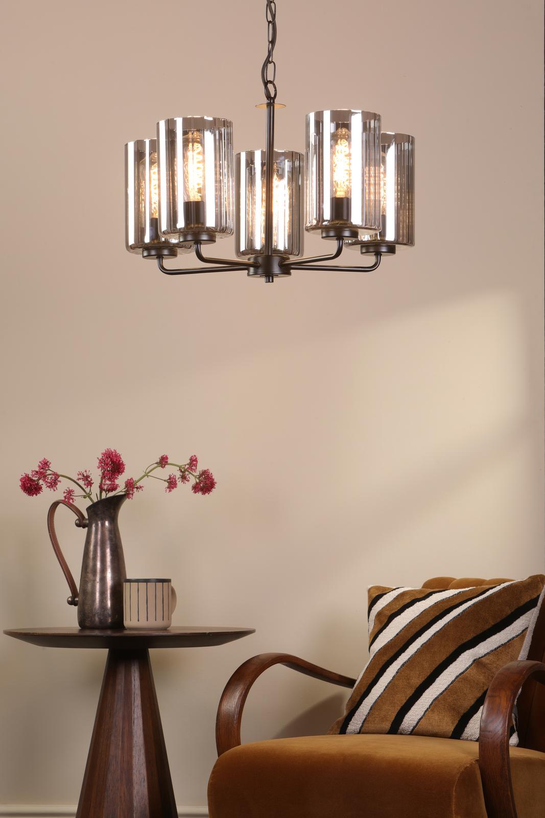 DAY0522 Daylin 5 Light Pendant Satin Black and Smoked Ribbed Glass