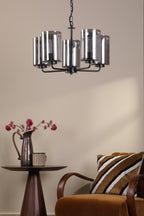 DAY0522 Daylin 5 Light Pendant Satin Black and Smoked Ribbed Glass