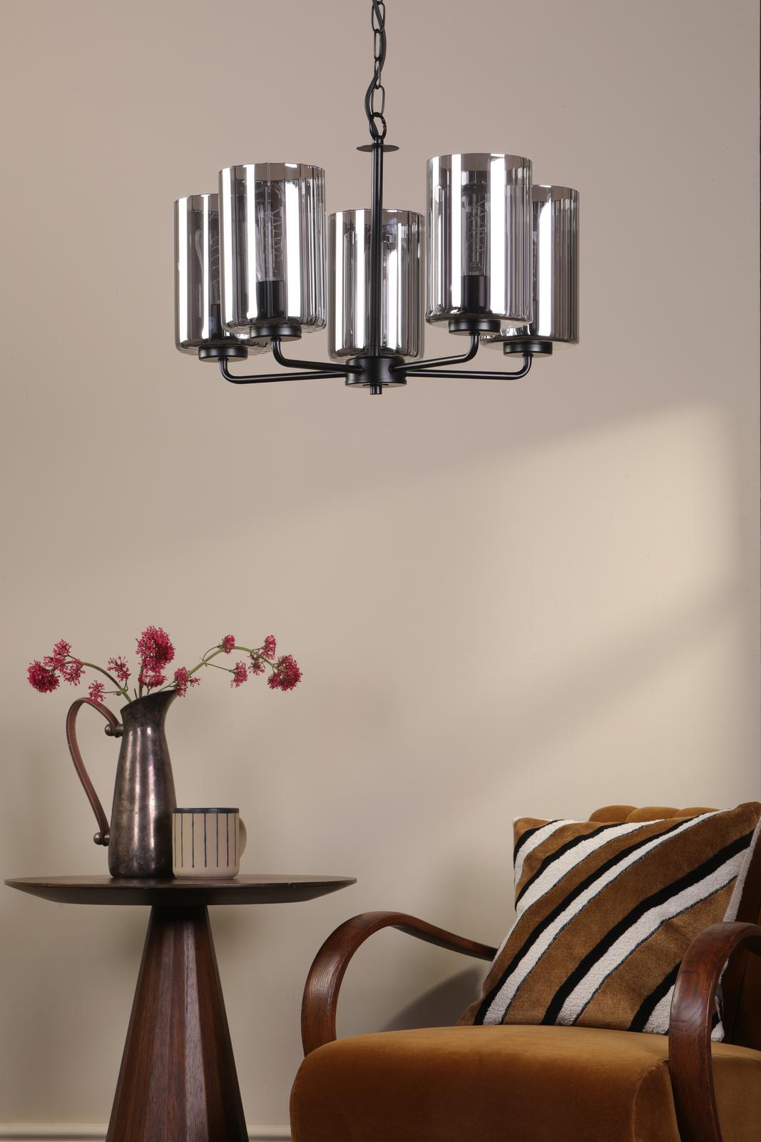 DAY0522 Daylin 5 Light Pendant Satin Black and Smoked Ribbed Glass